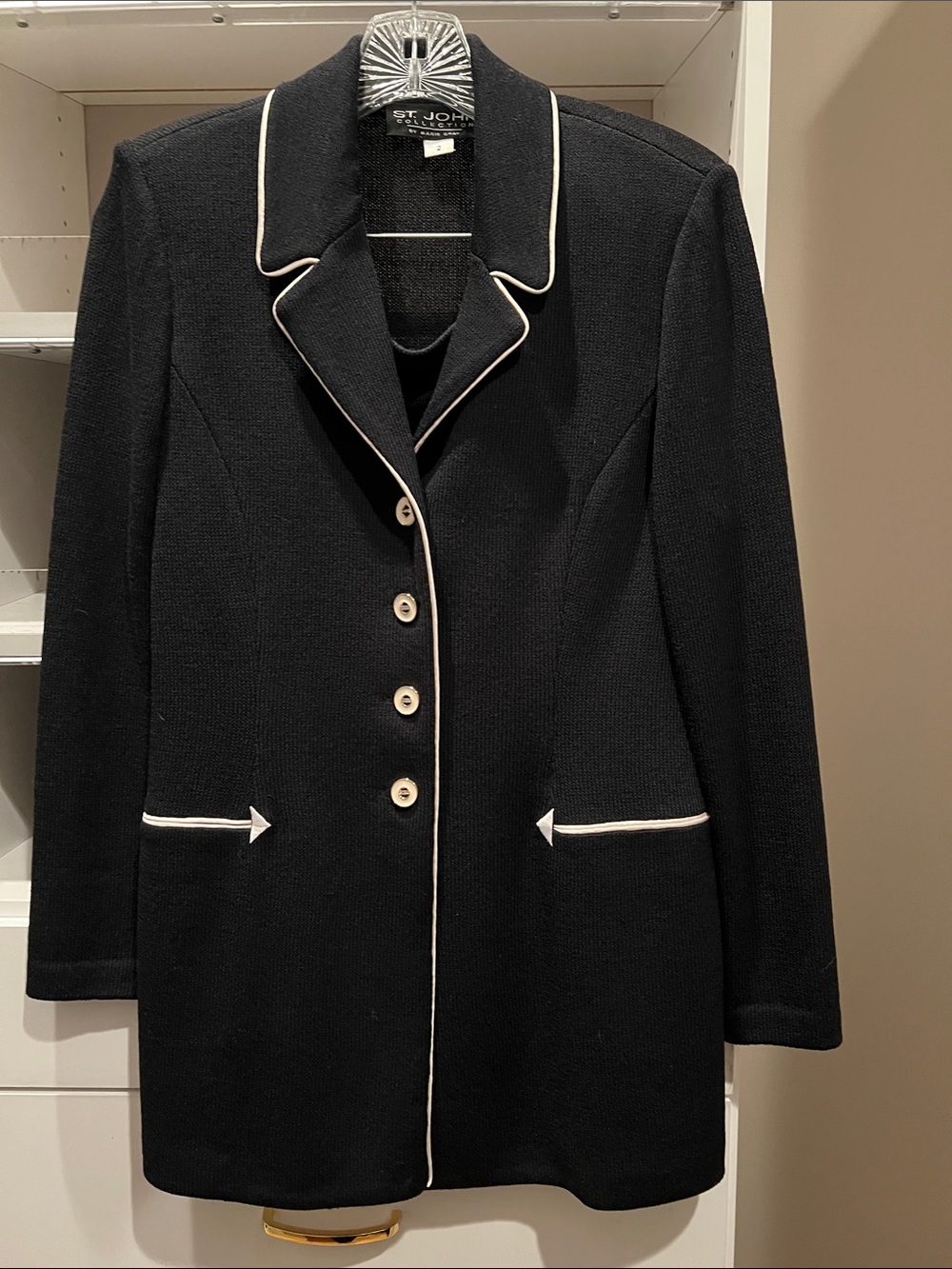 St. John Black Knit Blazer with Cream Piping with skirt